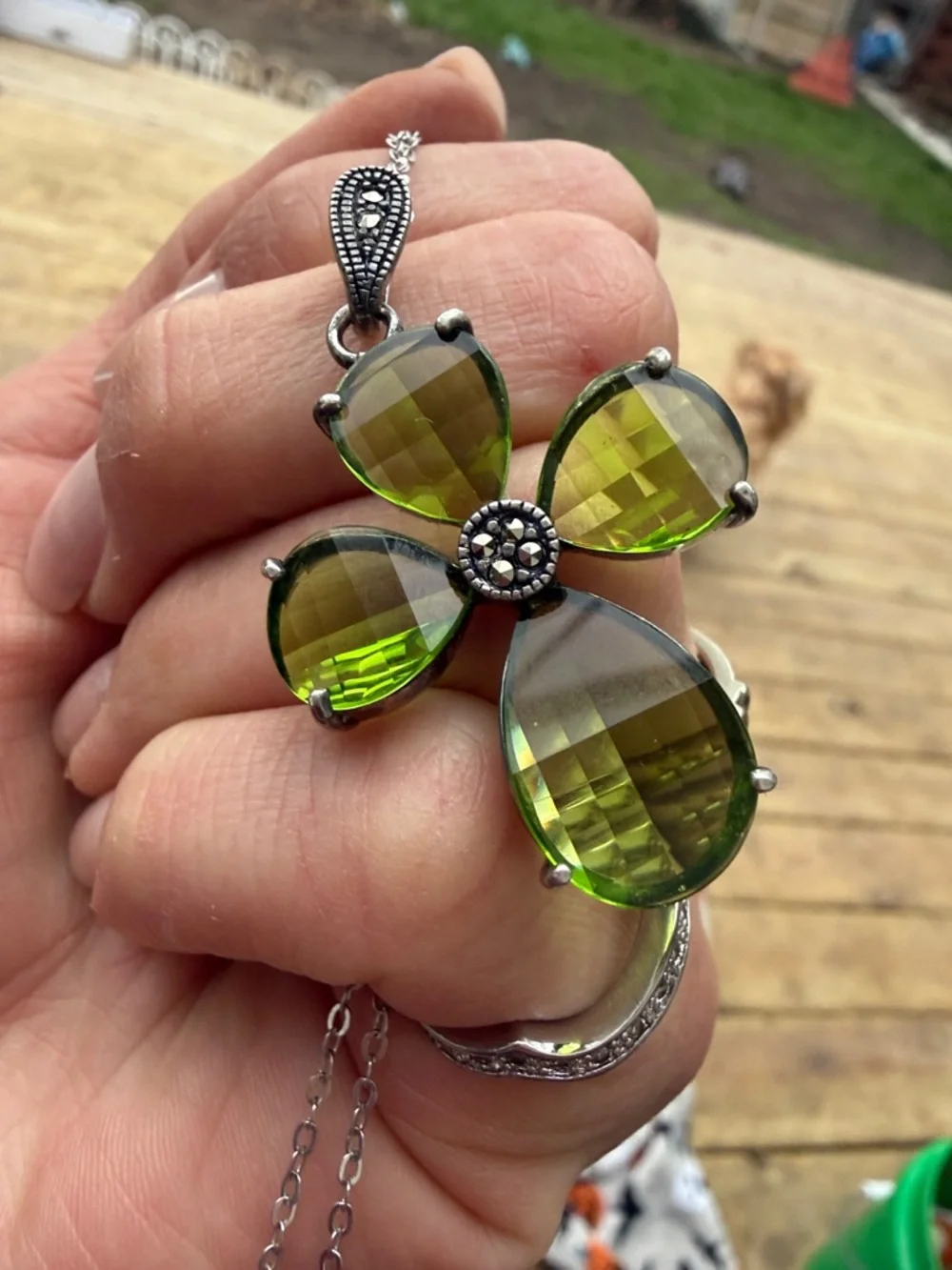 Vintage Sterling Silver Peridot & Marcasite Cross Pendant - 1.67 inch